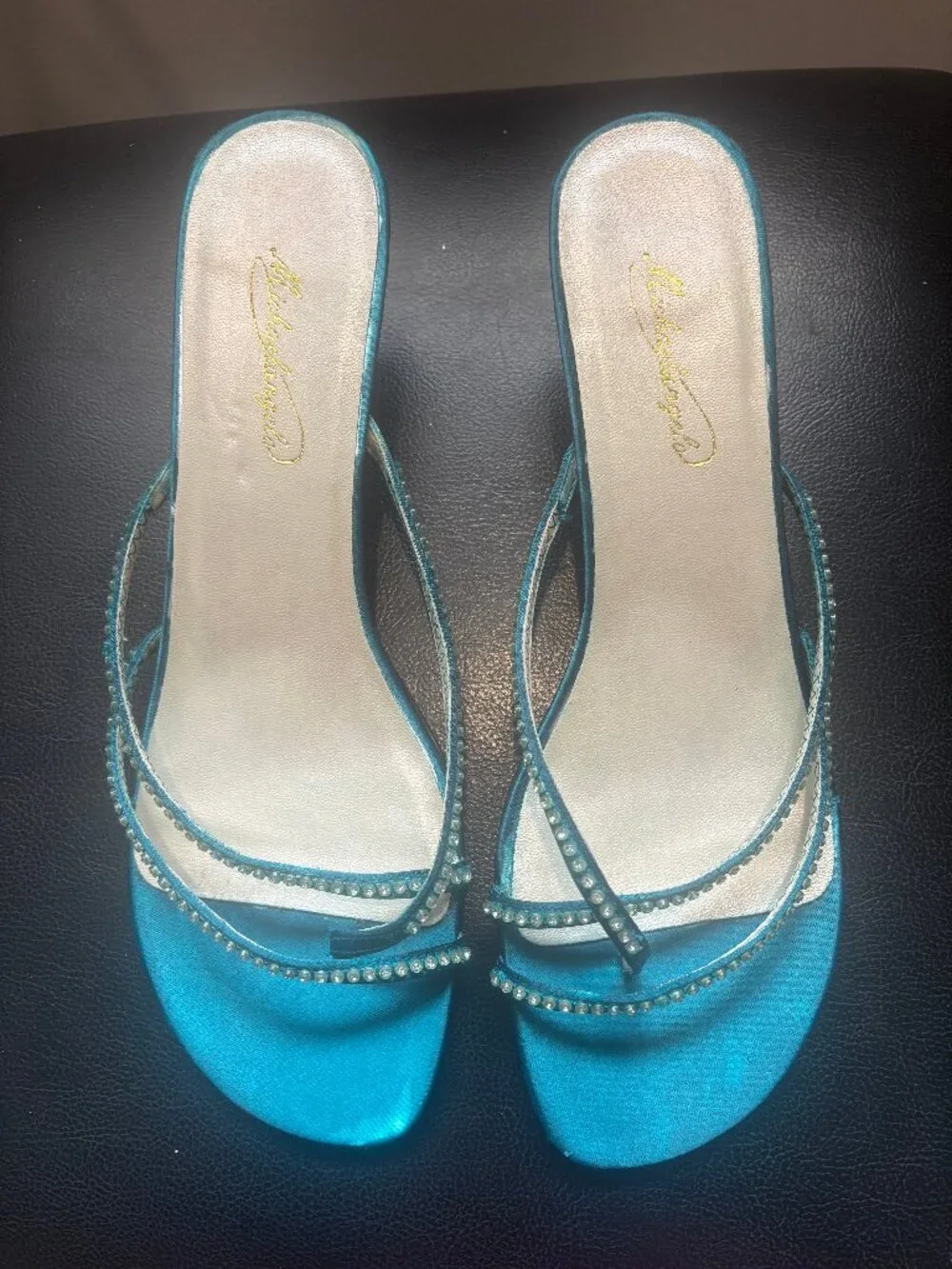 New Vintage Michelangelo Teal Blue Rhinestone Kitten Heel Sandals Mules Sz 11